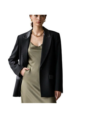 Vintage 80s 90s pure wool black boxy oversized leather trim power blazer 8